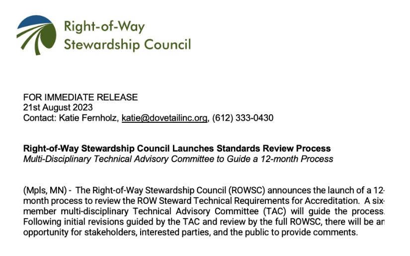  Right-of-Way Stewardship Council Launches Standards Review Process
